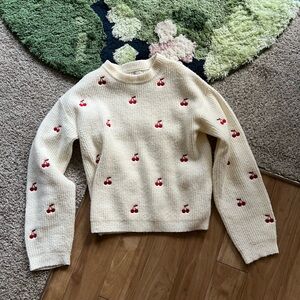 a new day Cream Sweater with Cherry Embroidery